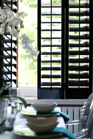 Dark Chocolate Wood Line Plantation Shutters for Dining Room