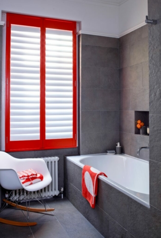 Red Frame and White Panels Plantation Shutters for Bathrooms