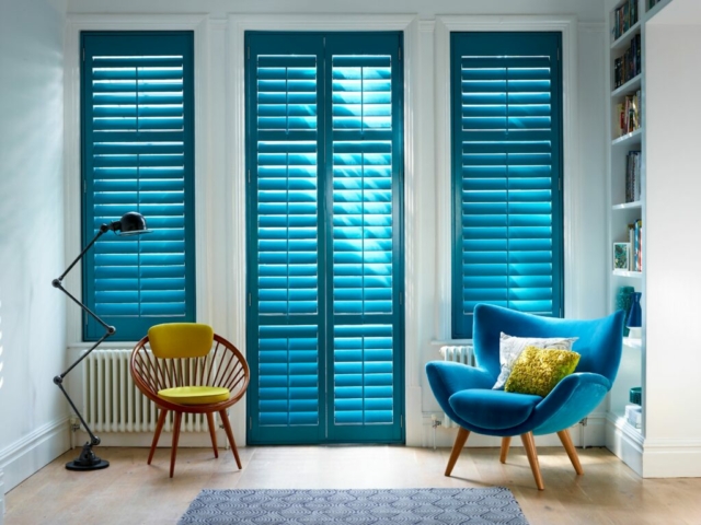 Blue Plantation Shutters for Patio Door and Side Windows