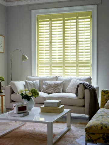 Light Yellow Cafe Style Plantation Shutters