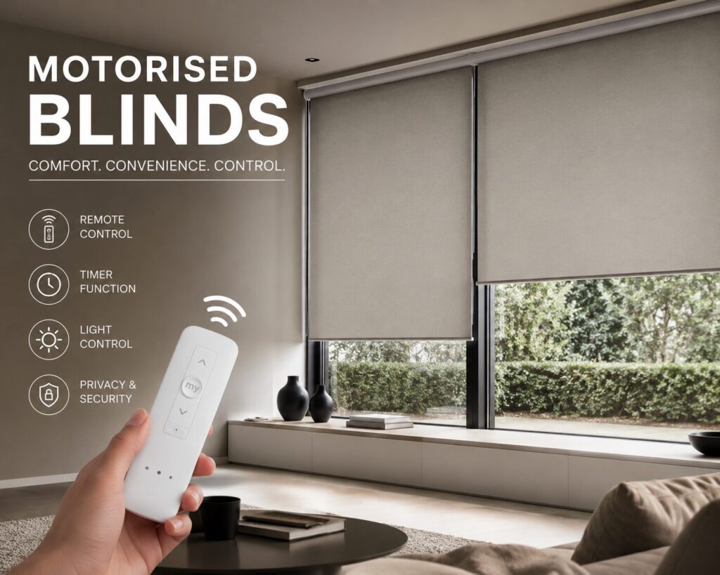 Modern interior with motorised roller blinds controlled by remote, showcasing smart home window solutions from Scarlet Blinds and Shutters