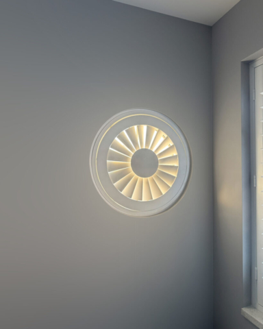 Custom PVC Plantation Shutter for Circular Window White PVC plantation shutter fitted to a circular shaped window, custom made to special measurements for a perfect fit.