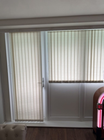 Vertical Blind Slats Replacement in Dobson Court Newton Heath Vertical blind slats replacement in Dobson Court, Newton Heath, fitted by Scarlet Blinds and Shutters for living room patio doors and adjacent window