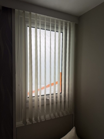 Vertical Blind Slats Replacement in Dobson Court Newton Heath (Blinds Open) Vertical blind slats replacement in Dobson Court, Newton Heath, fitted by Scarlet Blinds and Shutters for living room patio doors, adjacent window, and side window, blinds shown open