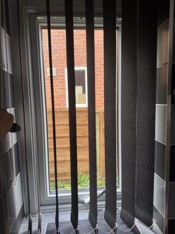 Black Vertical Blind for Kitchen Window in Blackley, Manchester Black vertical blind fitted to a small kitchen window in Blackley, Manchester