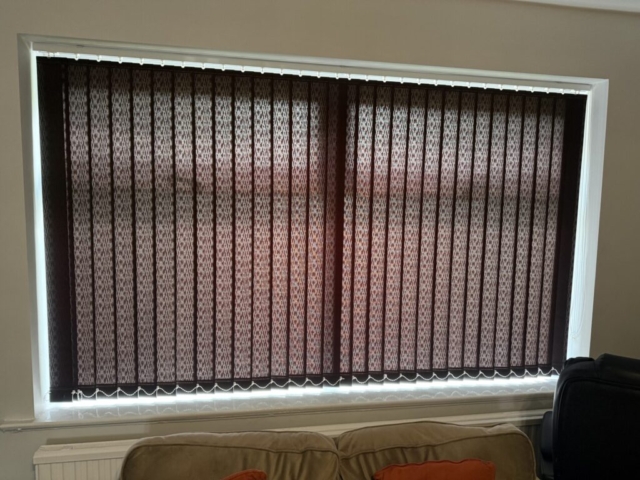 Large black vertical blind fitted to a living room window in Blackley, Manchester Large Black Vertical Blind for Living Room in Blackley, Manchester